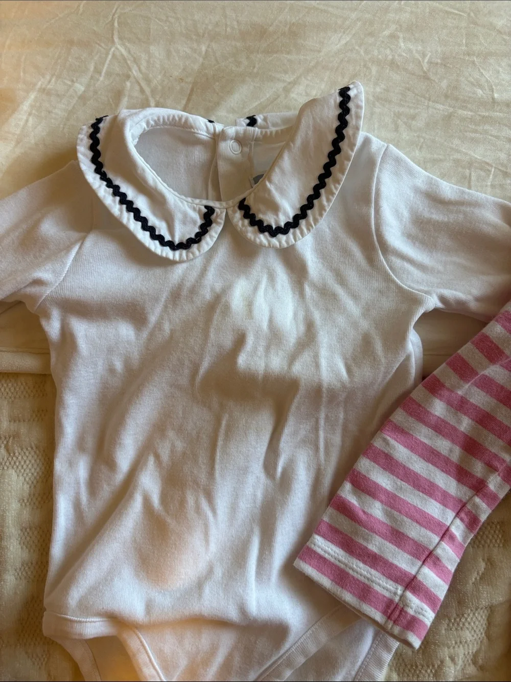 Pink & White Striped Long-Sleeve Baby One-Piece with Peter Pan Collar jacadi
